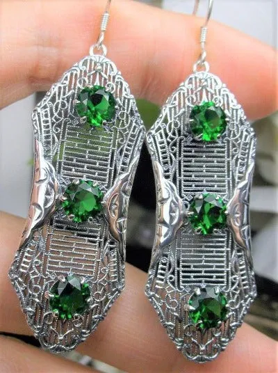 Green Emerald Earrings, Triple Gems, Edwardian Jewelry E42