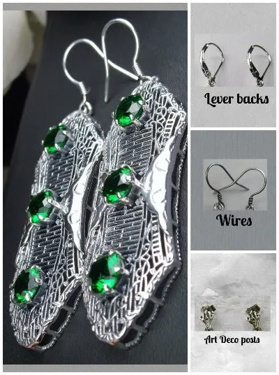 Green Emerald Earrings, Triple Gems, Edwardian Jewelry E42