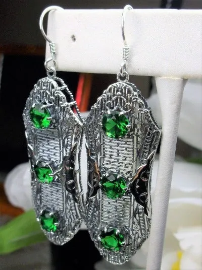 Green Emerald Earrings, Triple Gems, Edwardian Jewelry E42