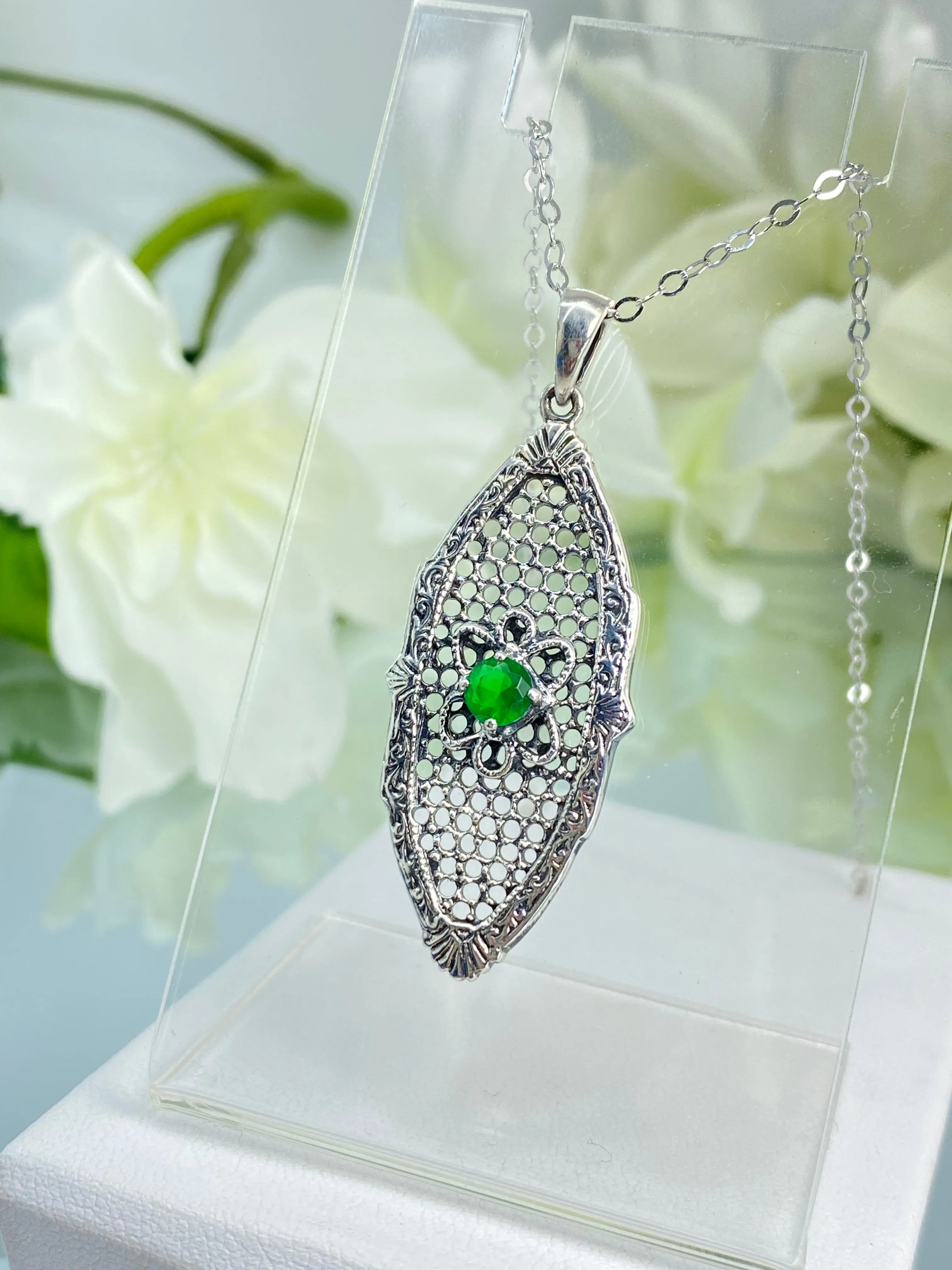 Green Emerald Flower Star Pendant, Round Gem, Vintage Necklace, Design#P20 - Ready to ship