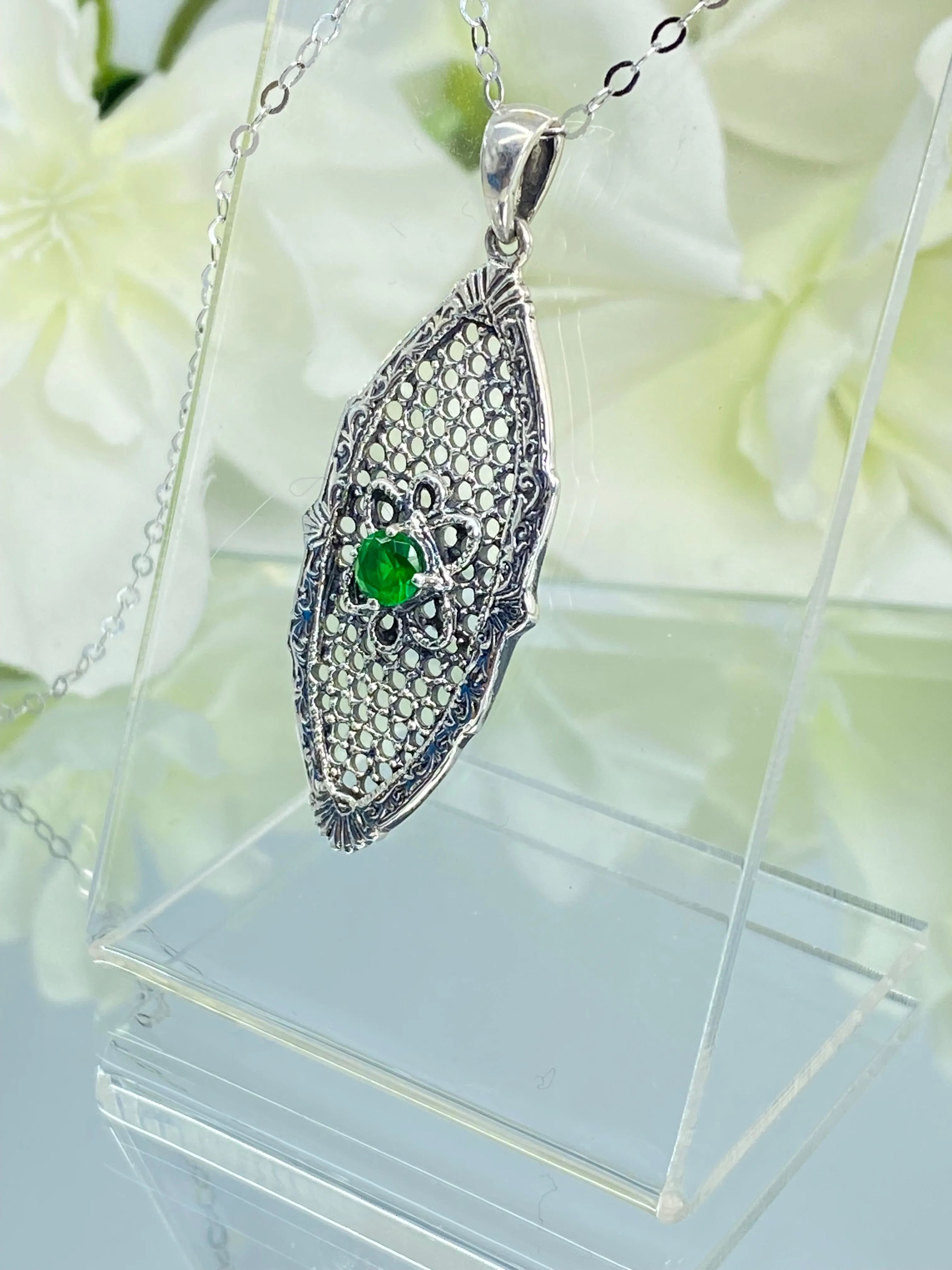 Green Emerald Flower Star Pendant, Round Gem, Vintage Necklace, Design#P20 - Ready to ship