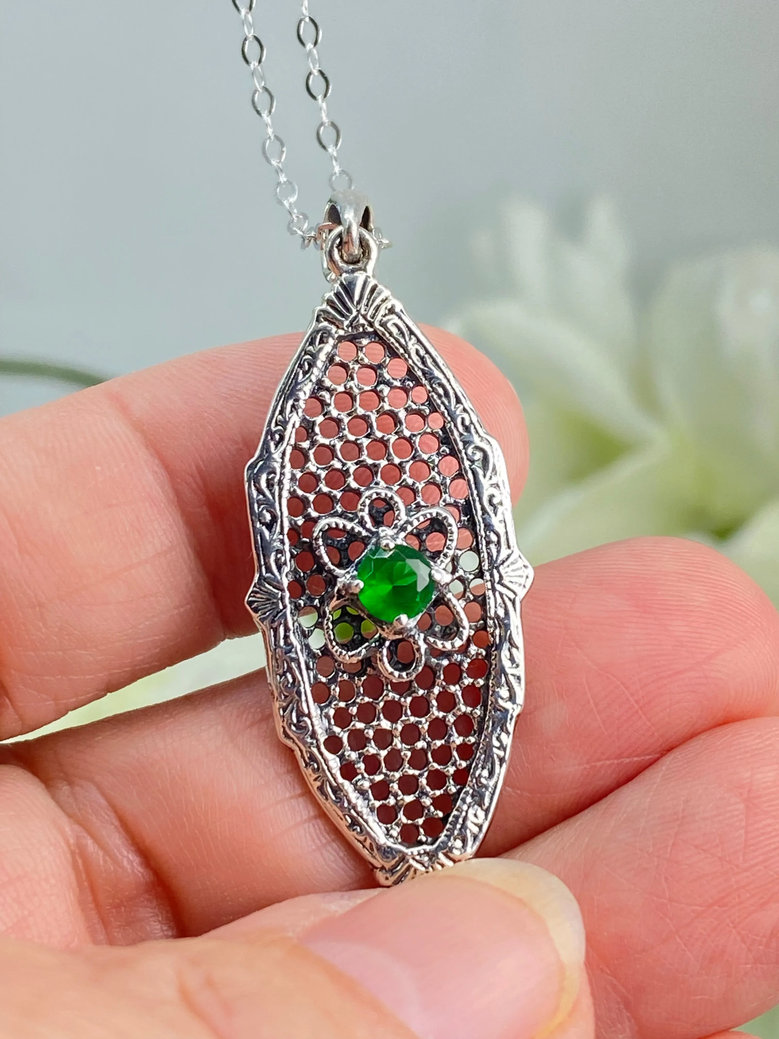 Green Emerald Flower Star Pendant, Round Gem, Vintage Necklace, Design#P20 - Ready to ship