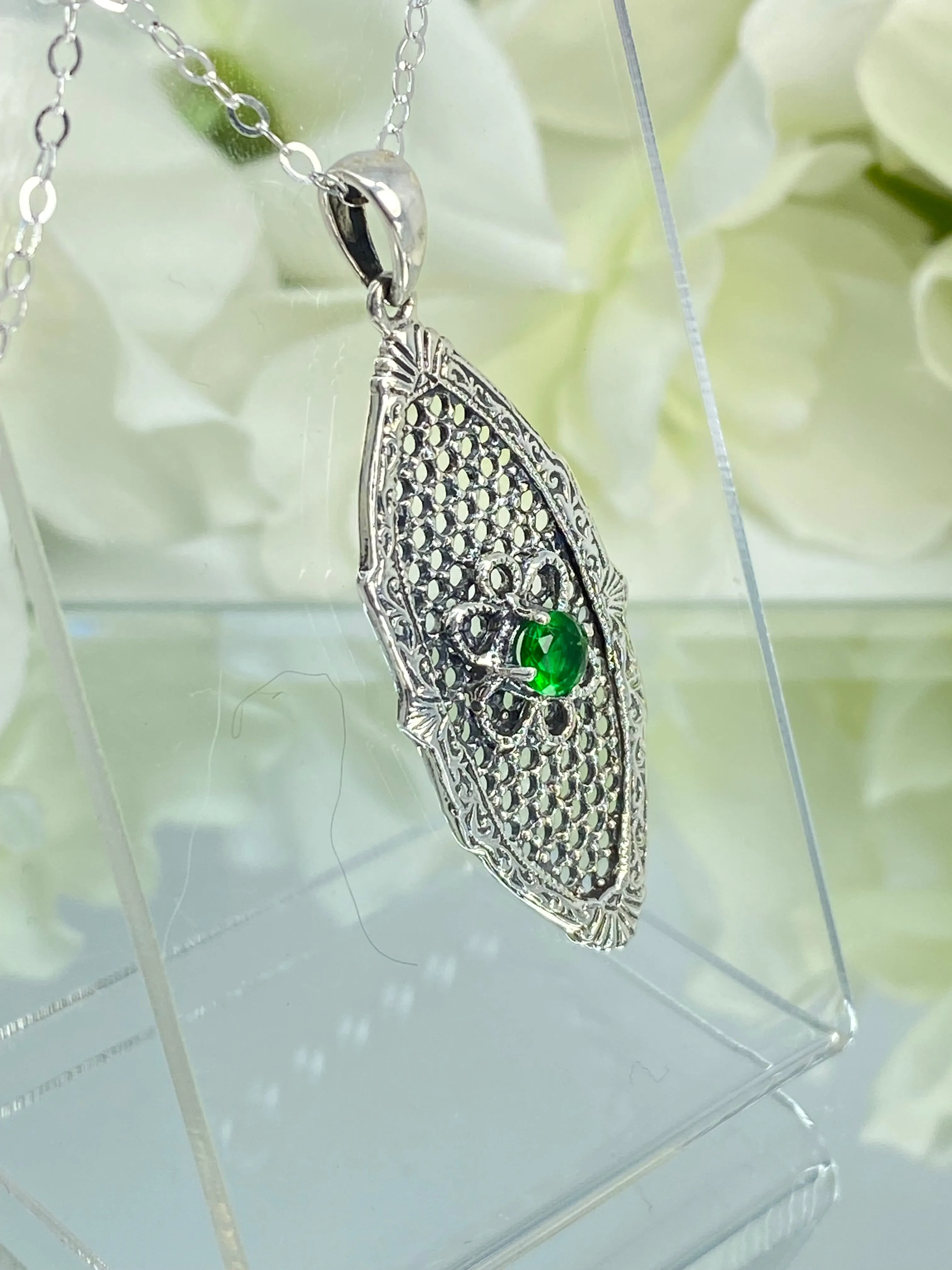 Green Emerald Flower Star Pendant, Round Gem, Vintage Necklace, Design#P20 - Ready to ship