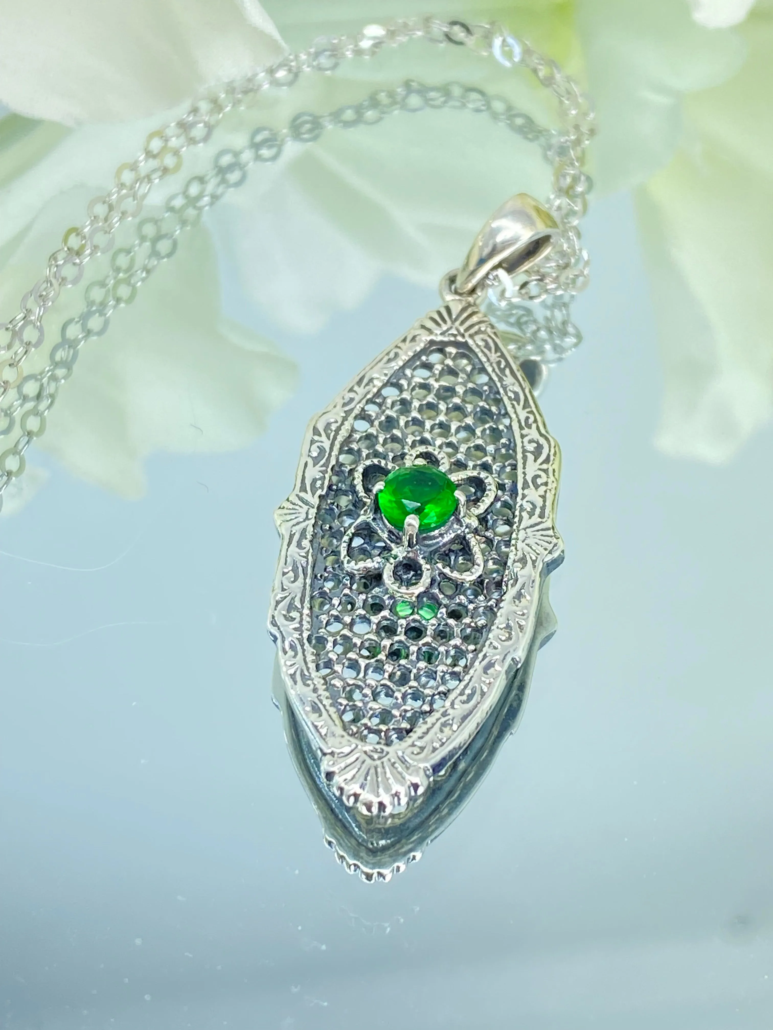 Green Emerald Flower Star Pendant, Round Gem, Vintage Necklace, Design#P20 - Ready to ship