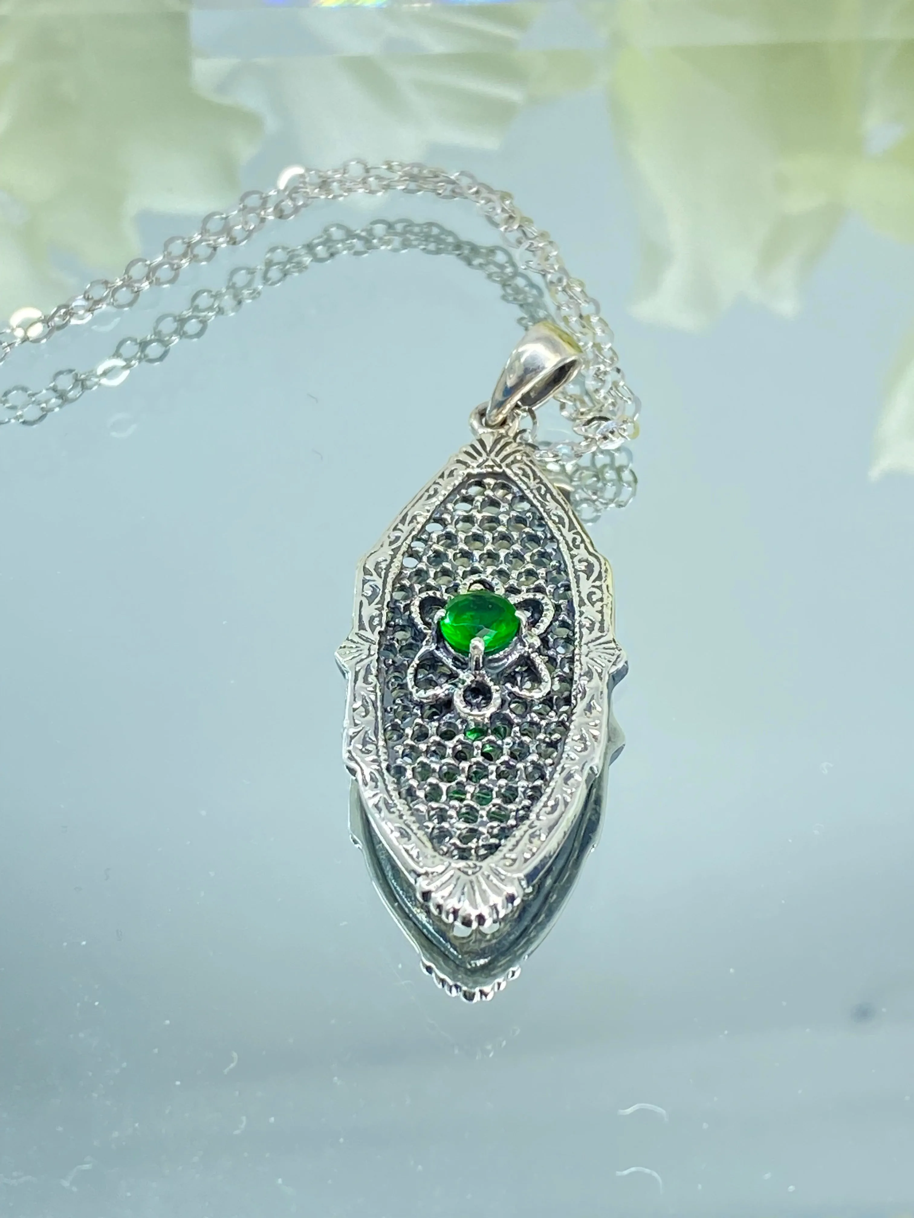 Green Emerald Flower Star Pendant, Round Gem, Vintage Necklace, Design#P20 - Ready to ship