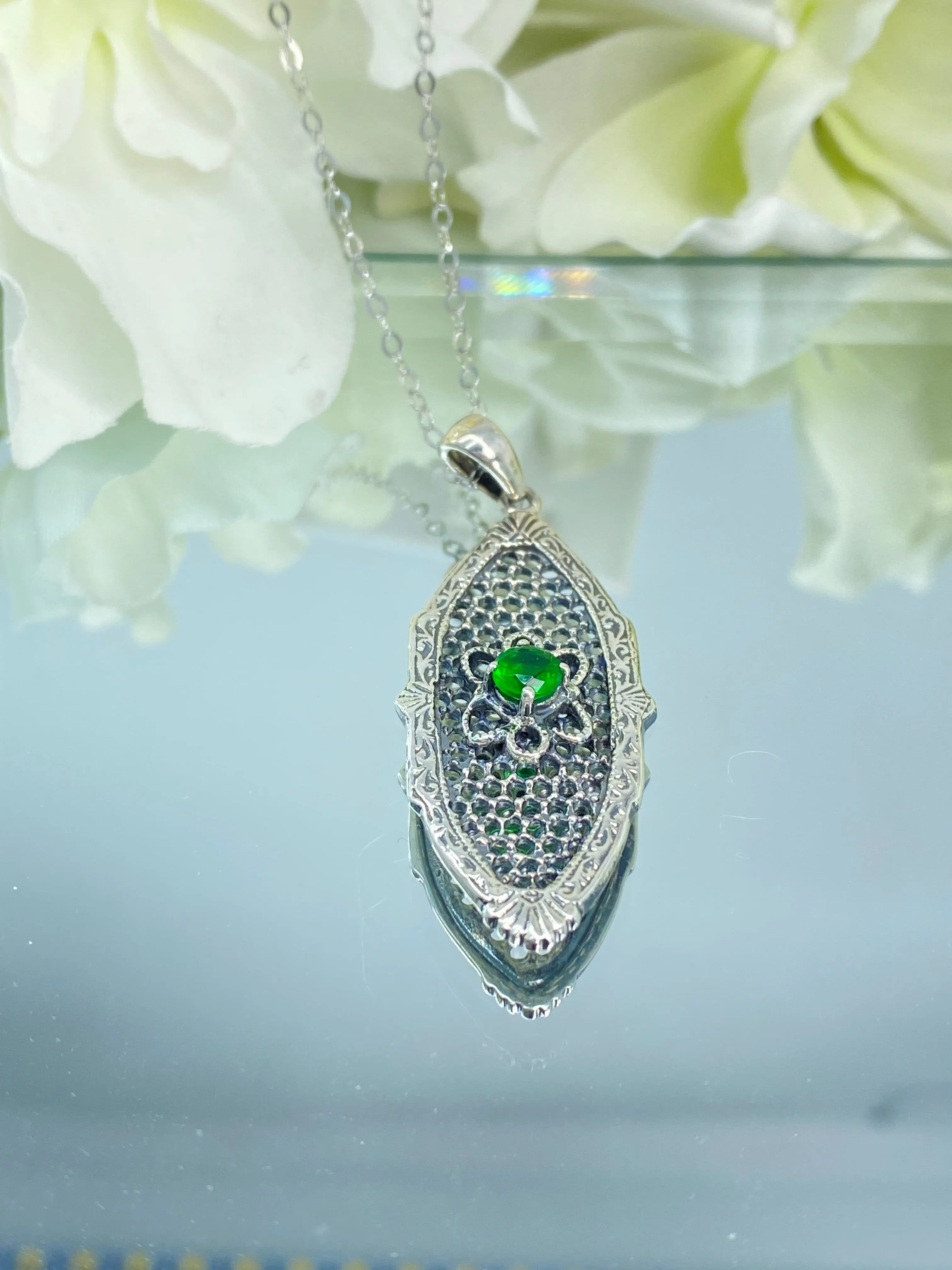 Green Emerald Flower Star Pendant, Round Gem, Vintage Necklace, Design#P20 - Ready to ship