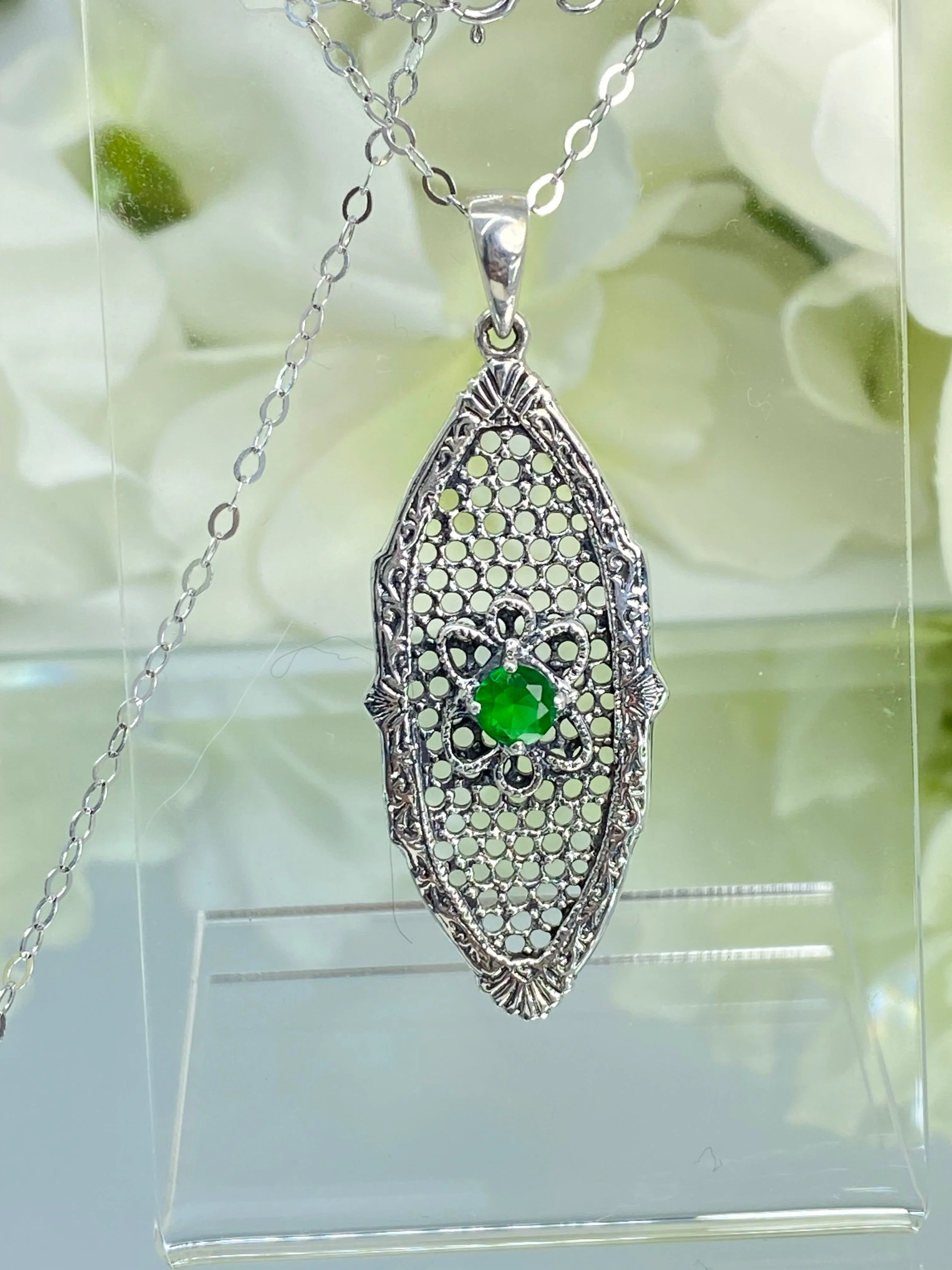 Green Emerald Flower Star Pendant, Round Gem, Vintage Necklace, Design#P20 - Ready to ship