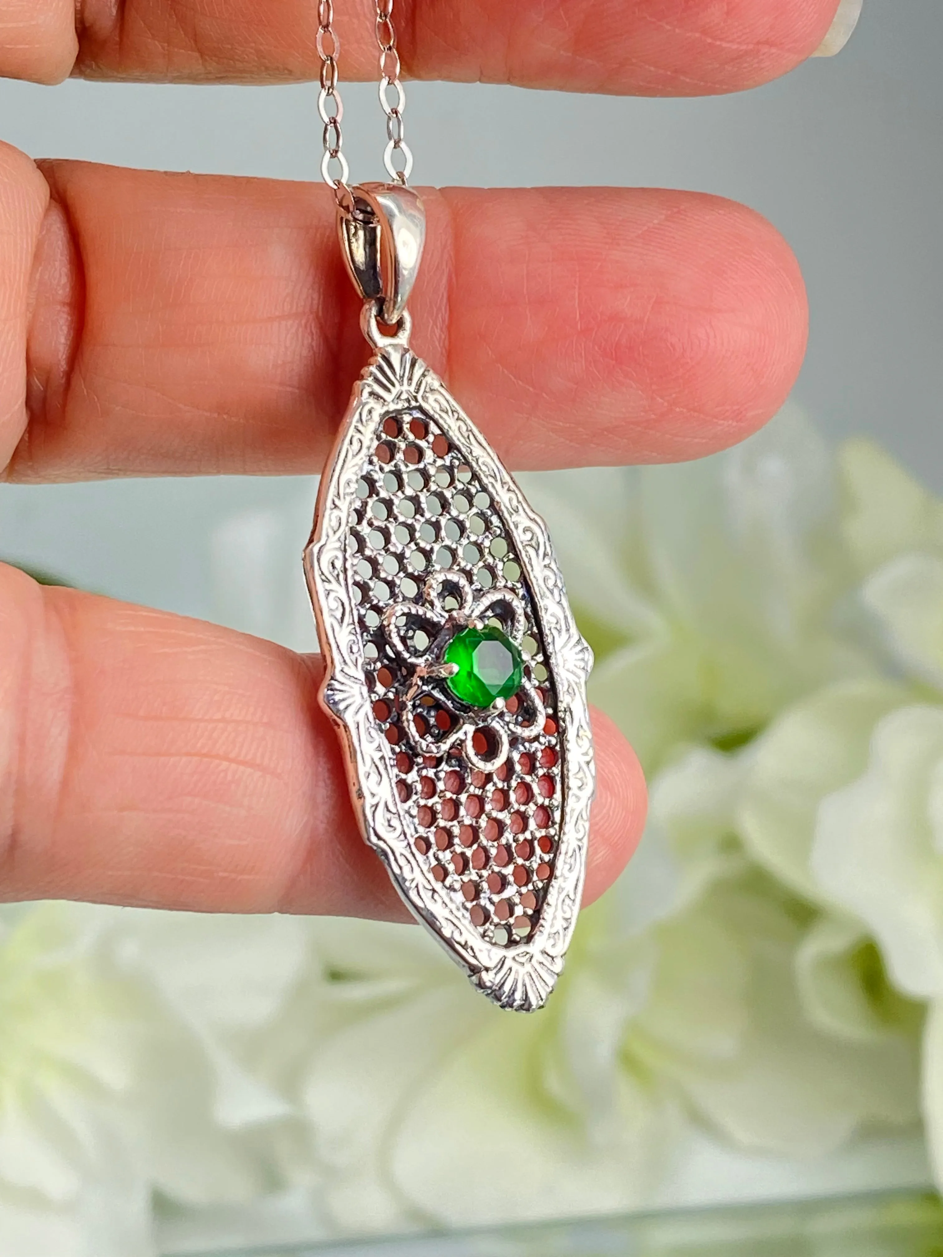 Green Emerald Flower Star Pendant, Round Gem, Vintage Necklace, Design#P20 - Ready to ship