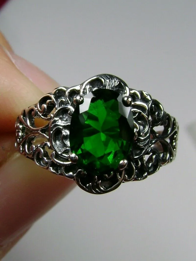 Green Emerald Ring, Sterling Silver Art Nouveau Jewelry #D14