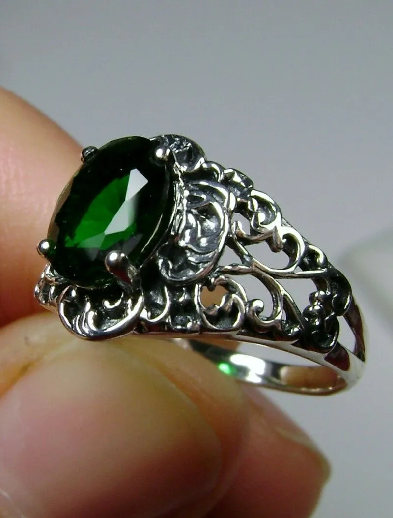 Green Emerald Ring, Sterling Silver Art Nouveau Jewelry #D14