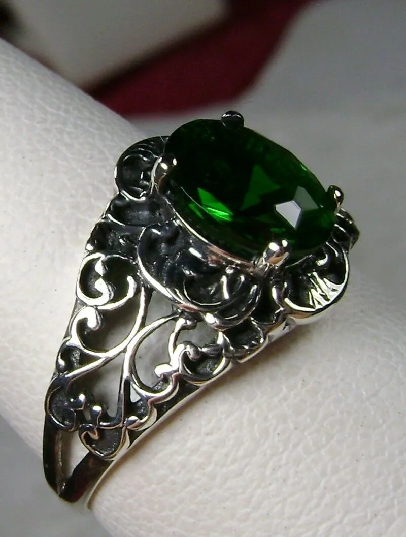 Green Emerald Ring, Sterling Silver Art Nouveau Jewelry #D14