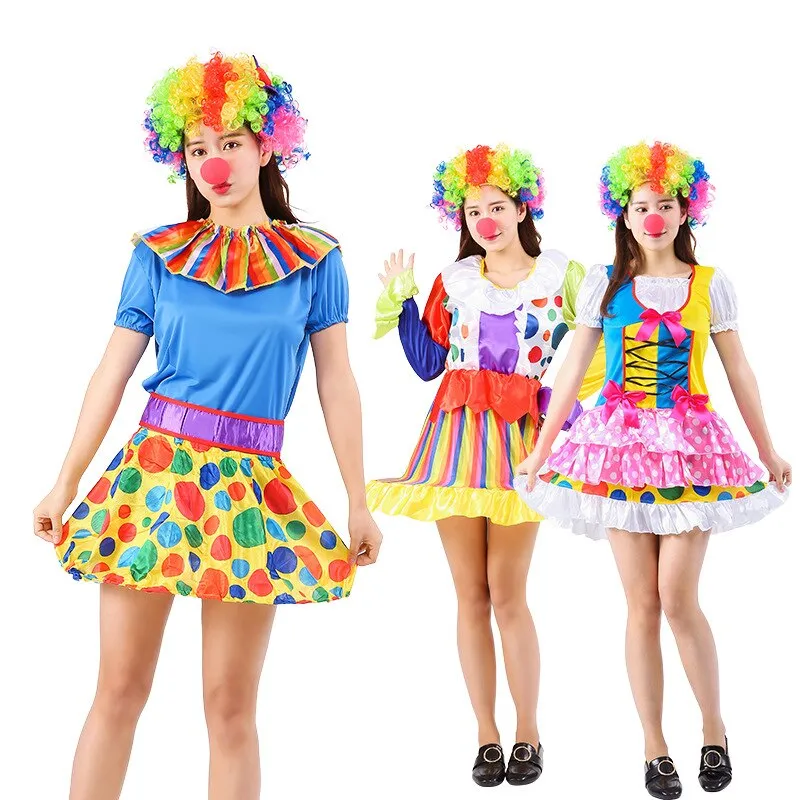 Halloween Adult Funny Circus Clown Naughty Cosplay Costumes For Men Women Carnival Christmas Party Clown Costume Wig and Nose