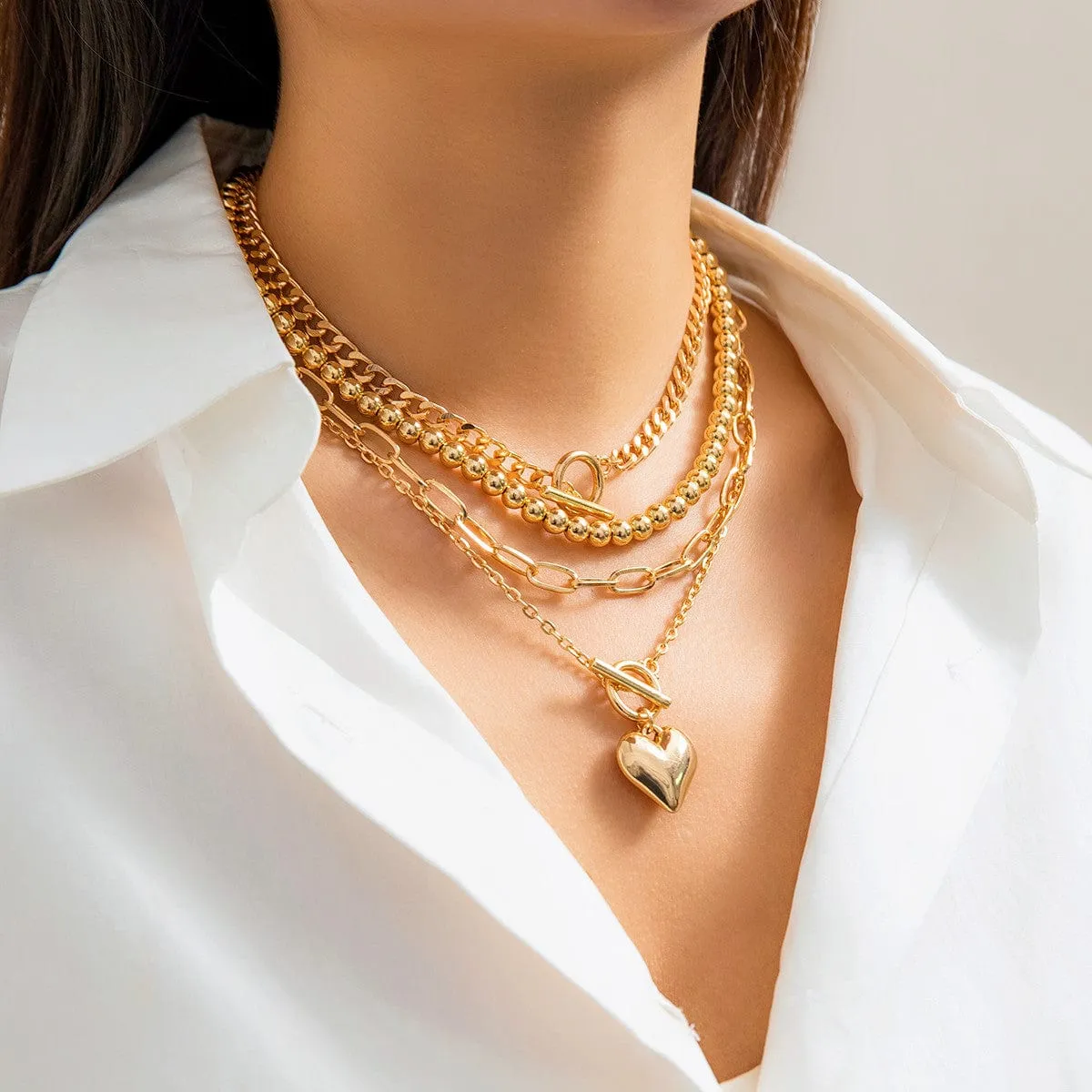 Hip Hop 4pcs Toggle Clasp Heart Pendant Cable Chain Necklace Set