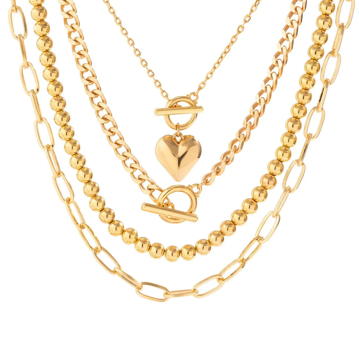Hip Hop 4pcs Toggle Clasp Heart Pendant Cable Chain Necklace Set