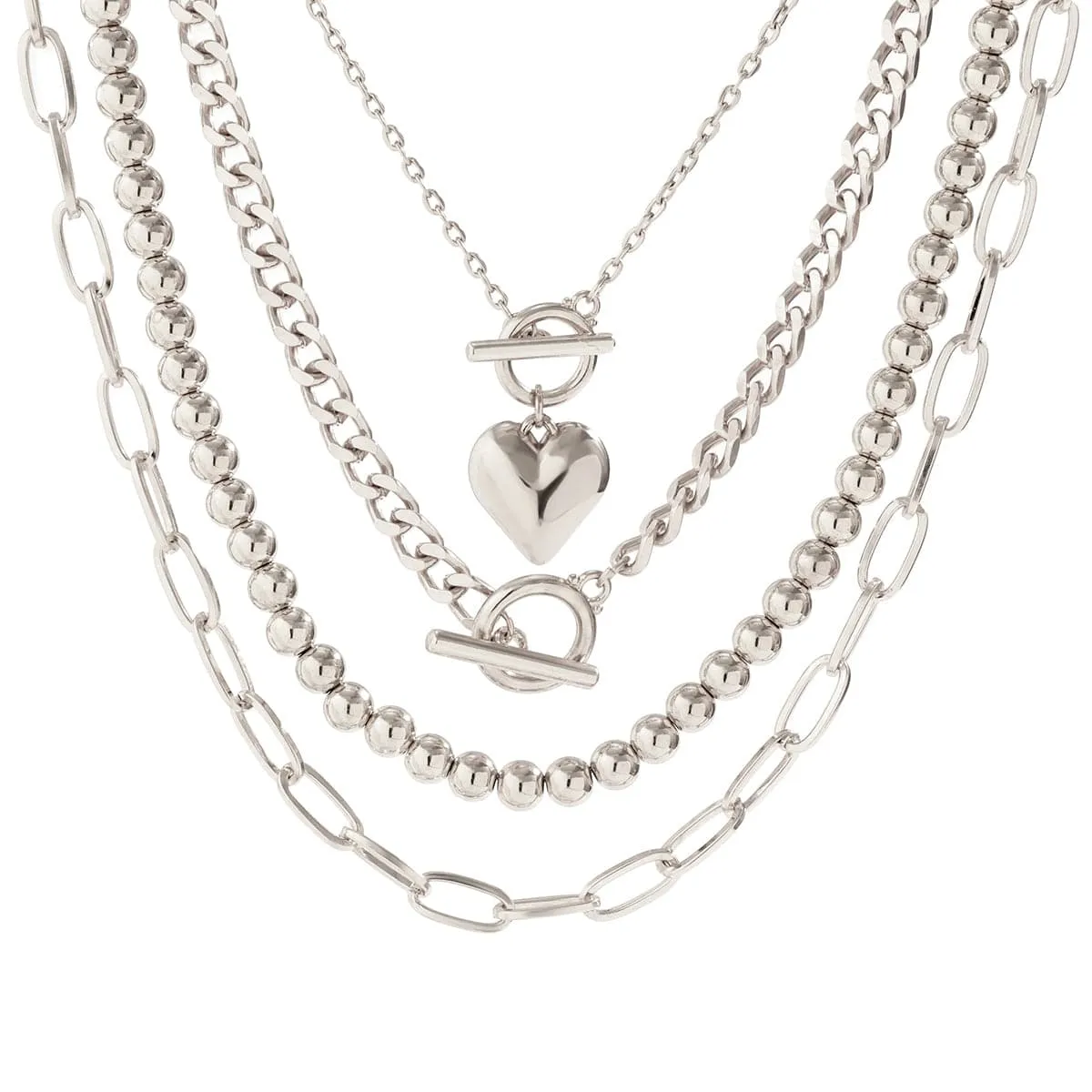 Hip Hop 4pcs Toggle Clasp Heart Pendant Cable Chain Necklace Set