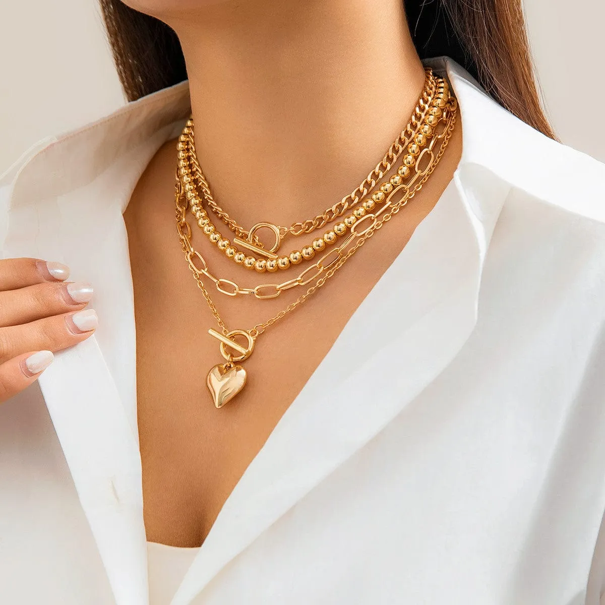 Hip Hop 4pcs Toggle Clasp Heart Pendant Cable Chain Necklace Set