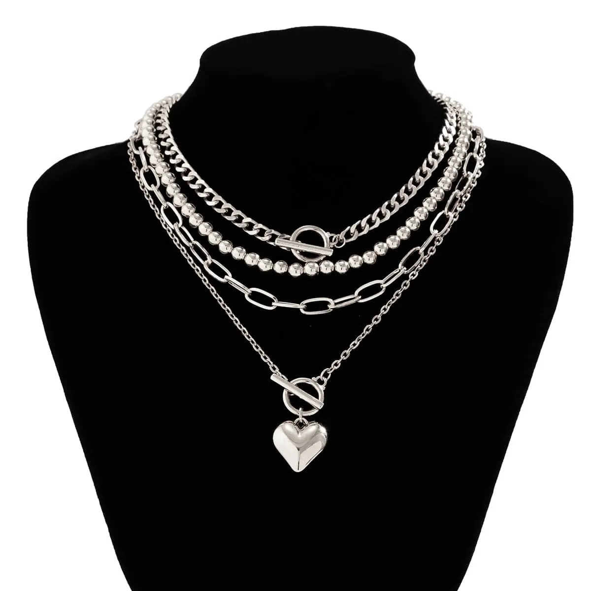 Hip Hop 4pcs Toggle Clasp Heart Pendant Cable Chain Necklace Set