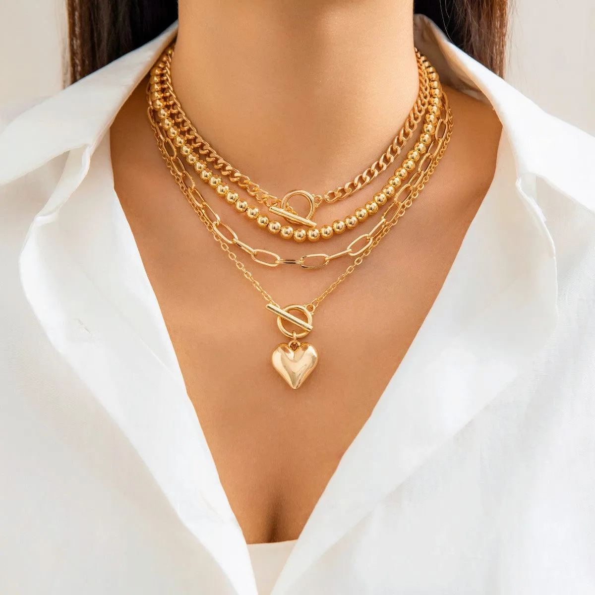 Hip Hop 4pcs Toggle Clasp Heart Pendant Cable Chain Necklace Set