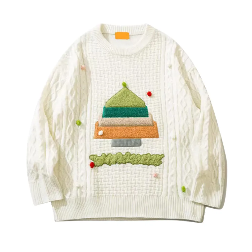 Hip Hop Cartoon Flocked Christmas Tree Sweater