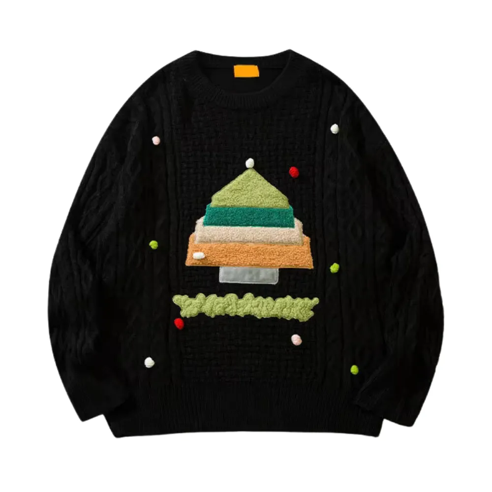 Hip Hop Cartoon Flocked Christmas Tree Sweater