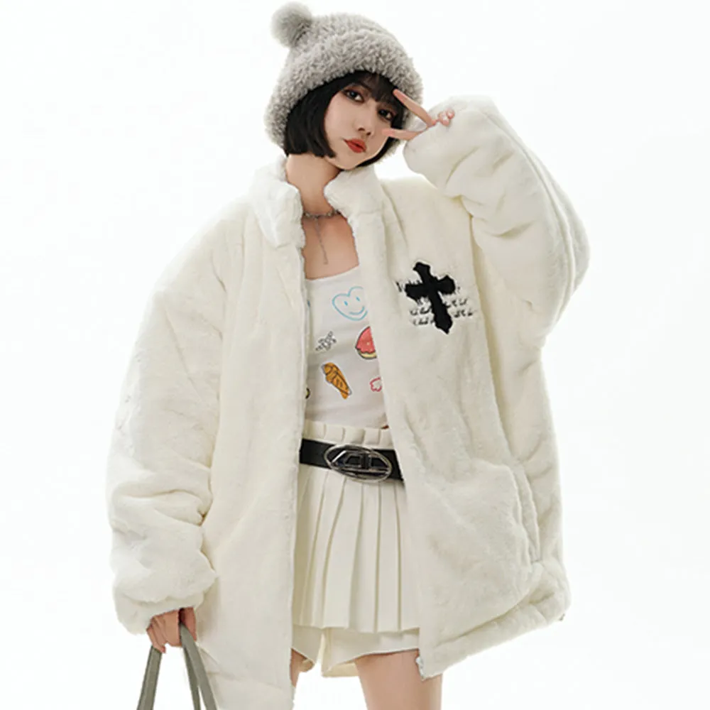 Hip Hop Cross Embroidery Fleece Coat