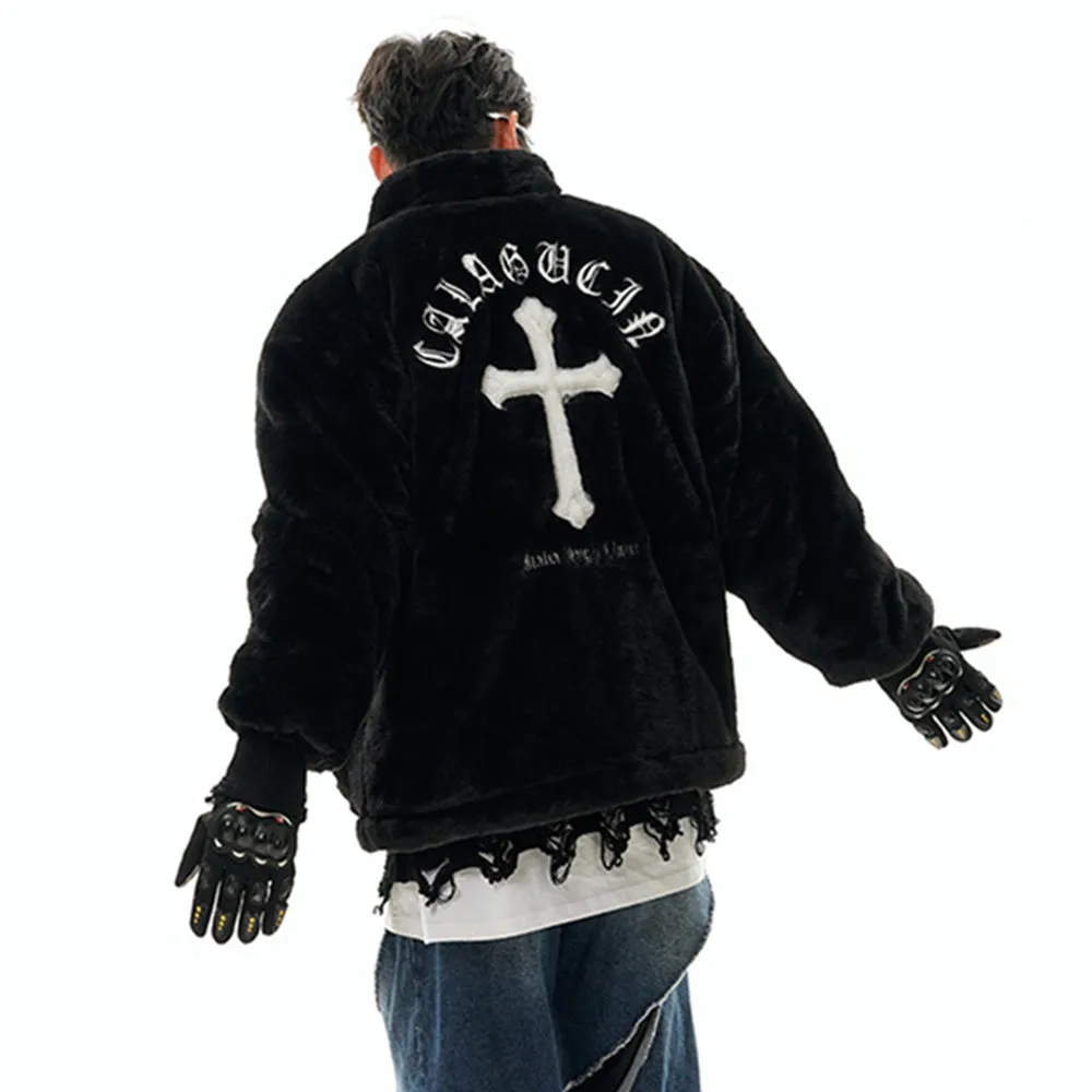 Hip Hop Cross Embroidery Fleece Coat