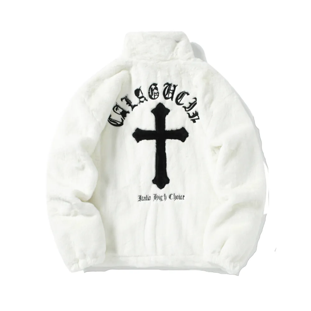 Hip Hop Cross Embroidery Fleece Coat