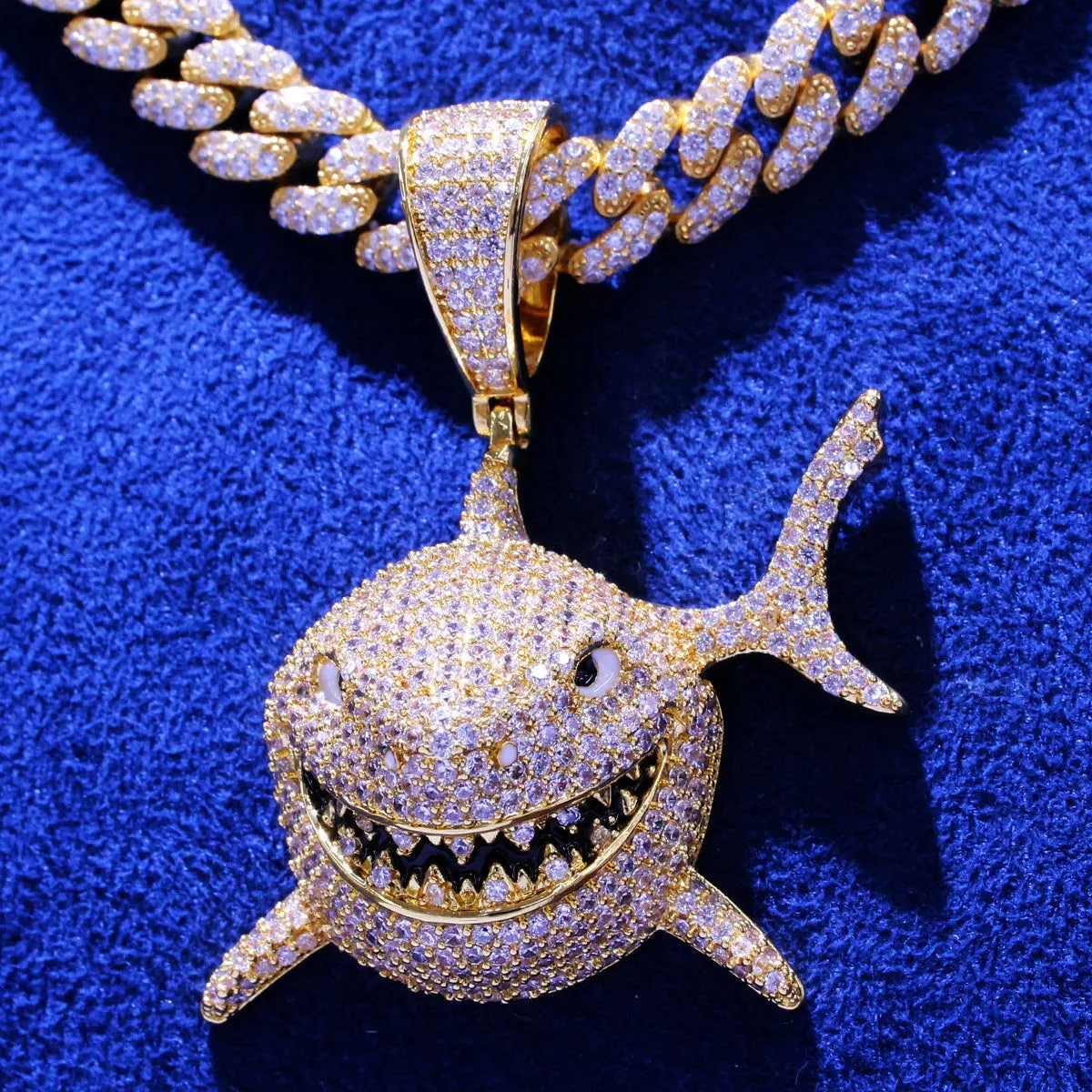 Icy 3D Small Great Shark Face Jaw Gold Tone Rapper Pendant