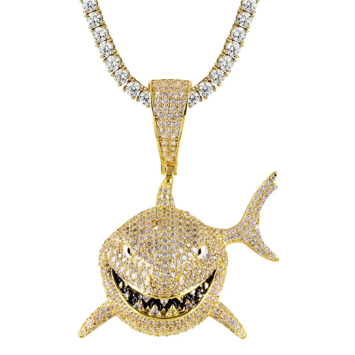 Icy 3D Small Great Shark Face Jaw Gold Tone Rapper Pendant