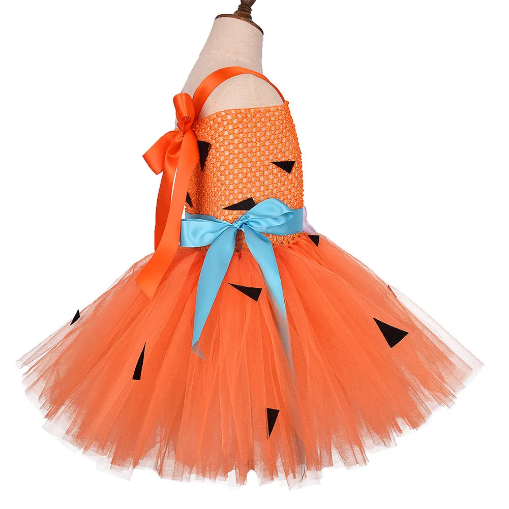 Kids Girls Primitive Man bones Print Cosplay Costume Orange Dress Outfits Halloween Carnival Suit