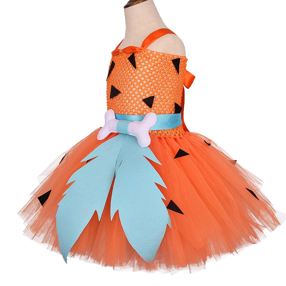 Kids Girls Primitive Man bones Print Cosplay Costume Orange Dress Outfits Halloween Carnival Suit