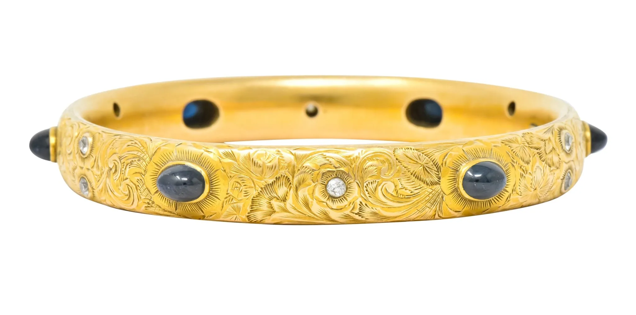 Kohn 1890's Victorian Diamond Sapphire 14 Karat Gold Floral Bangle Bracelet