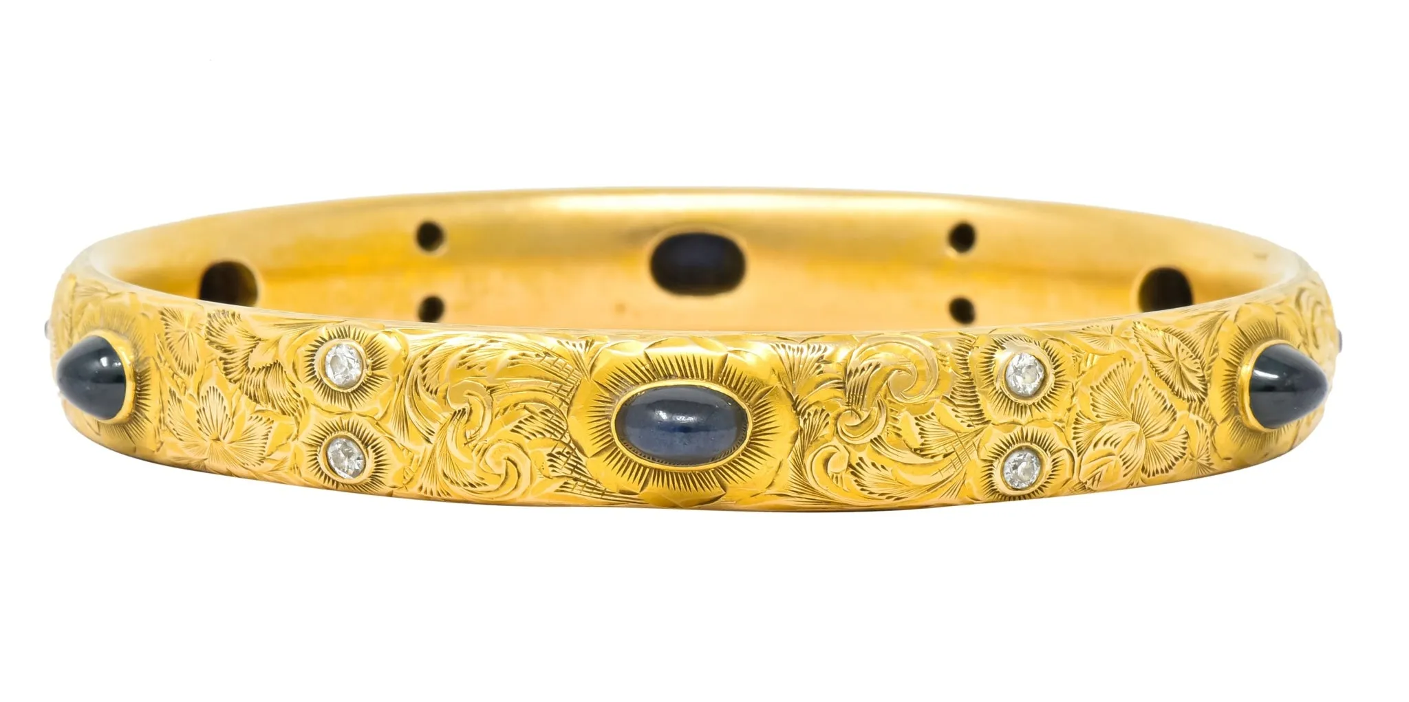 Kohn 1890's Victorian Diamond Sapphire 14 Karat Gold Floral Bangle Bracelet