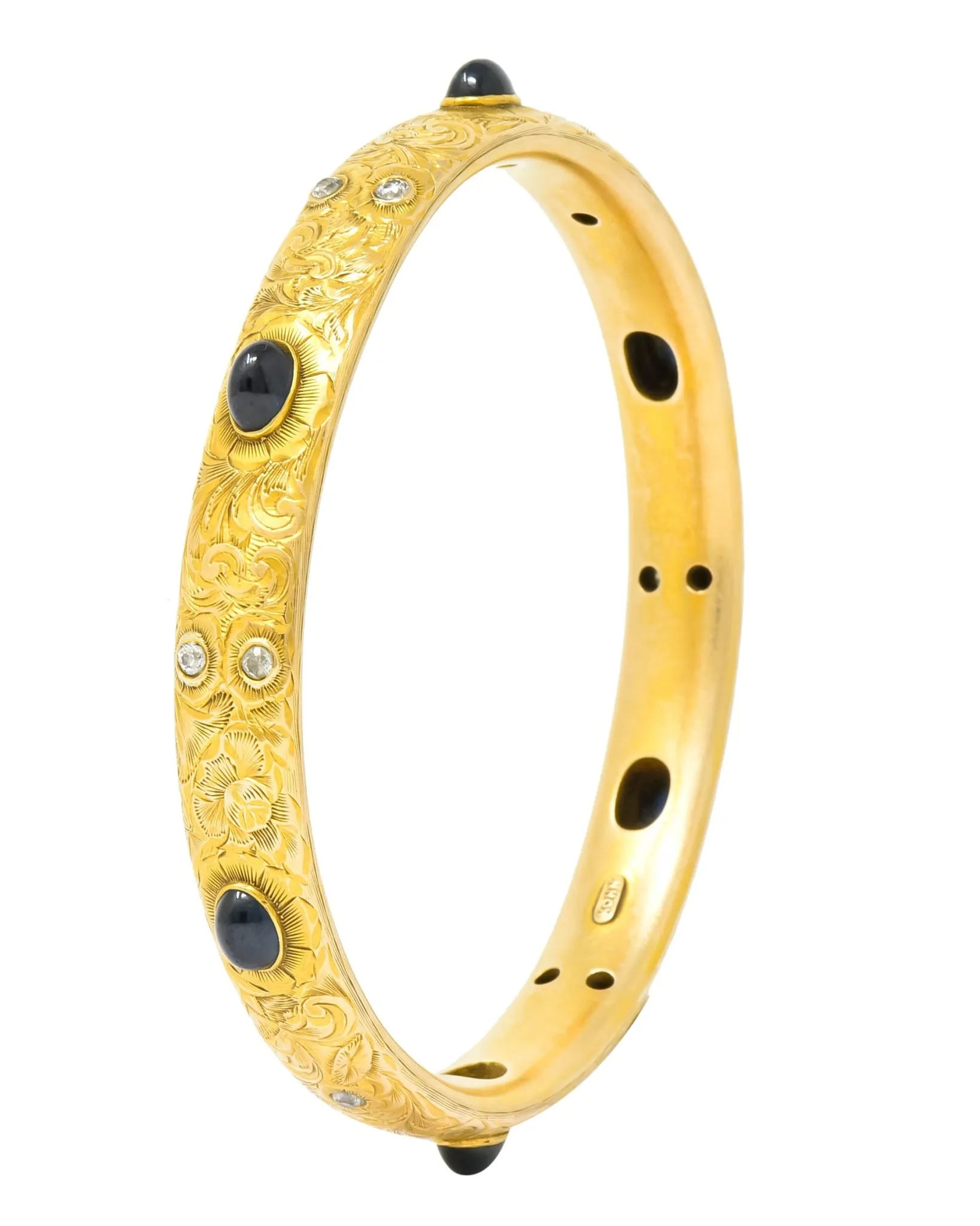 Kohn 1890's Victorian Diamond Sapphire 14 Karat Gold Floral Bangle Bracelet