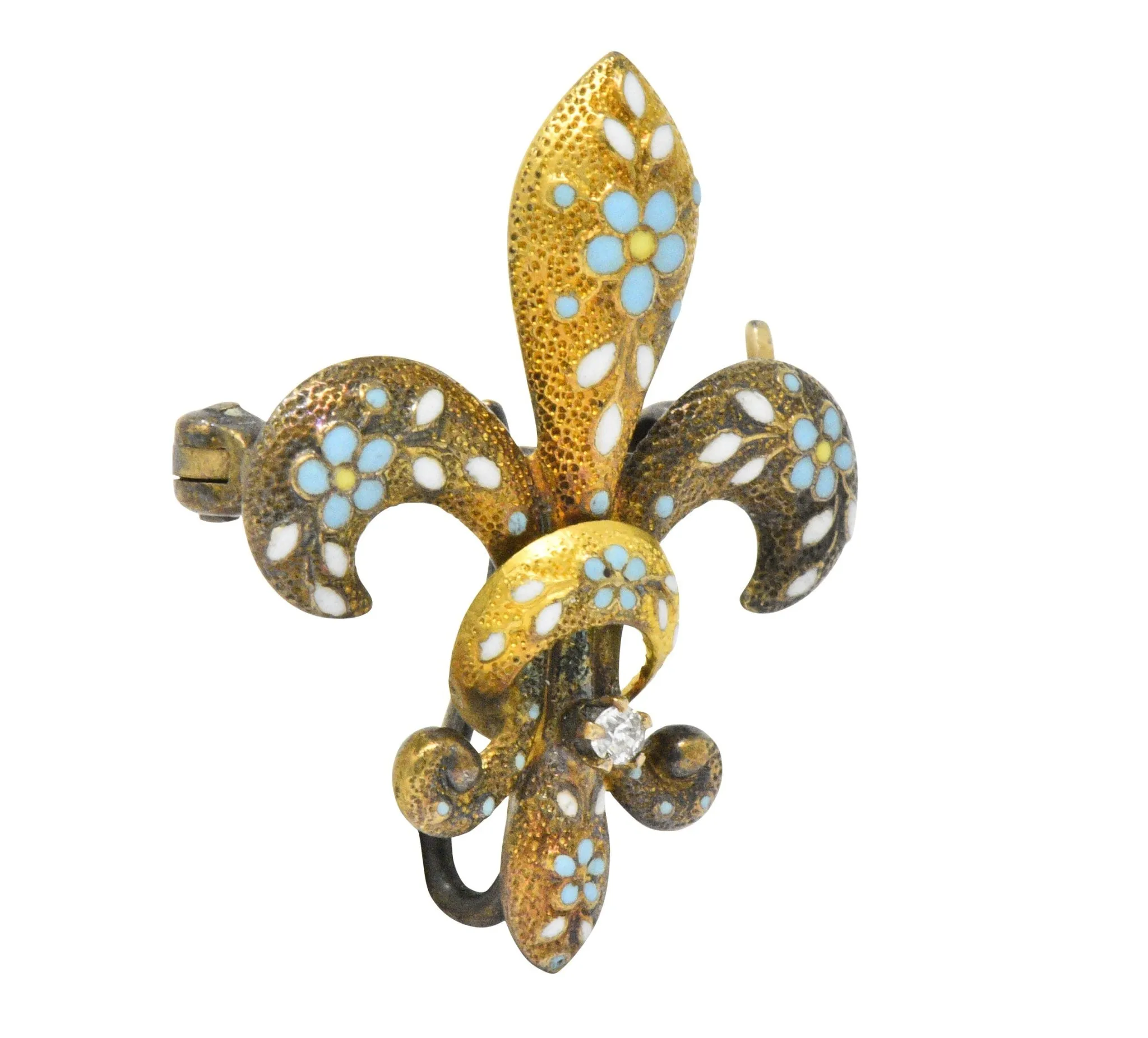 Krementz Victorian Diamond Enamel 14 Karat Gold Fleur-De-Lis Pin Brooch
