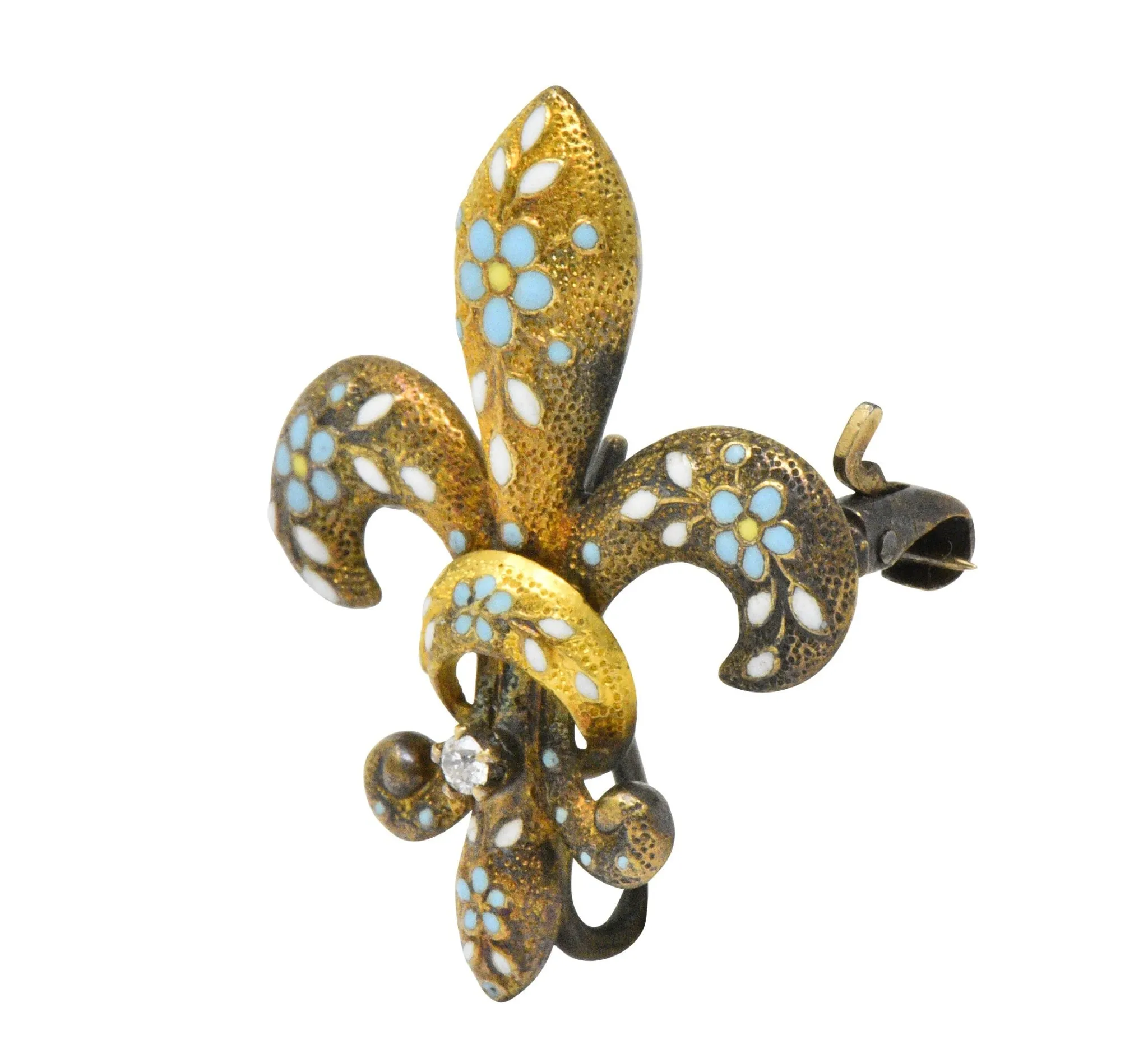 Krementz Victorian Diamond Enamel 14 Karat Gold Fleur-De-Lis Pin Brooch