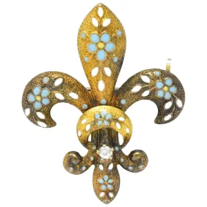 Krementz Victorian Diamond Enamel 14 Karat Gold Fleur-De-Lis Pin Brooch