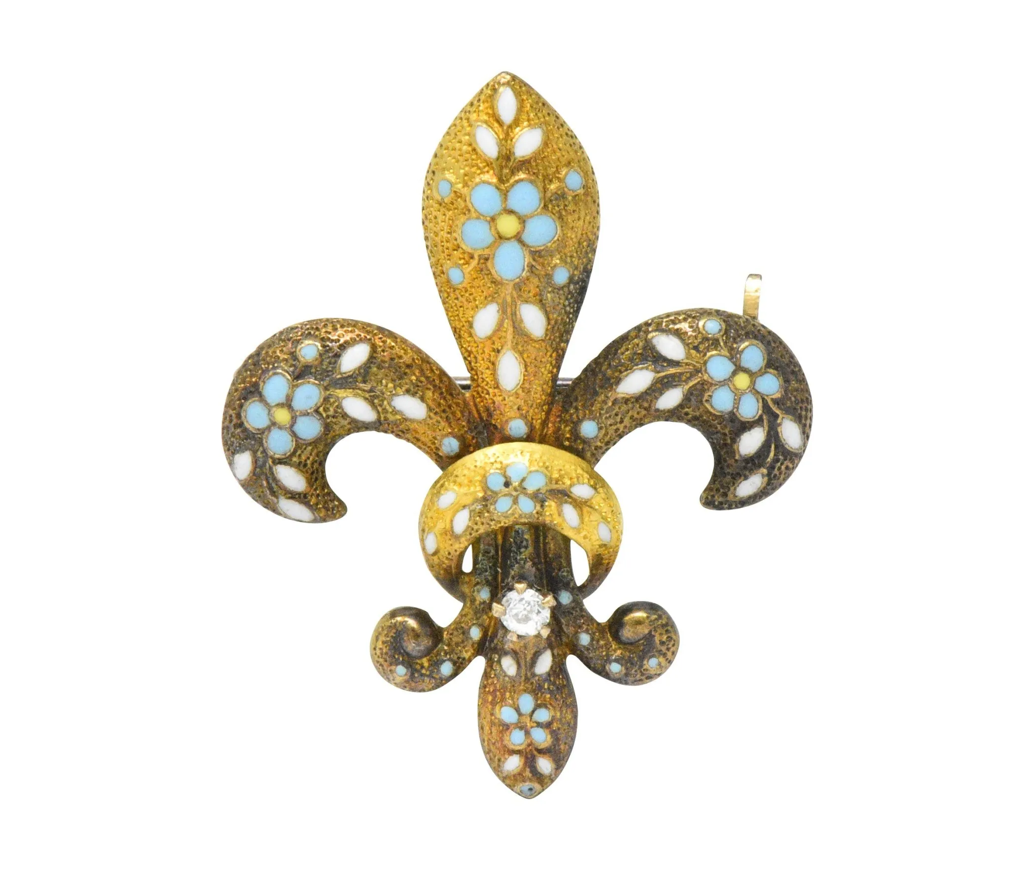 Krementz Victorian Diamond Enamel 14 Karat Gold Fleur-De-Lis Pin Brooch