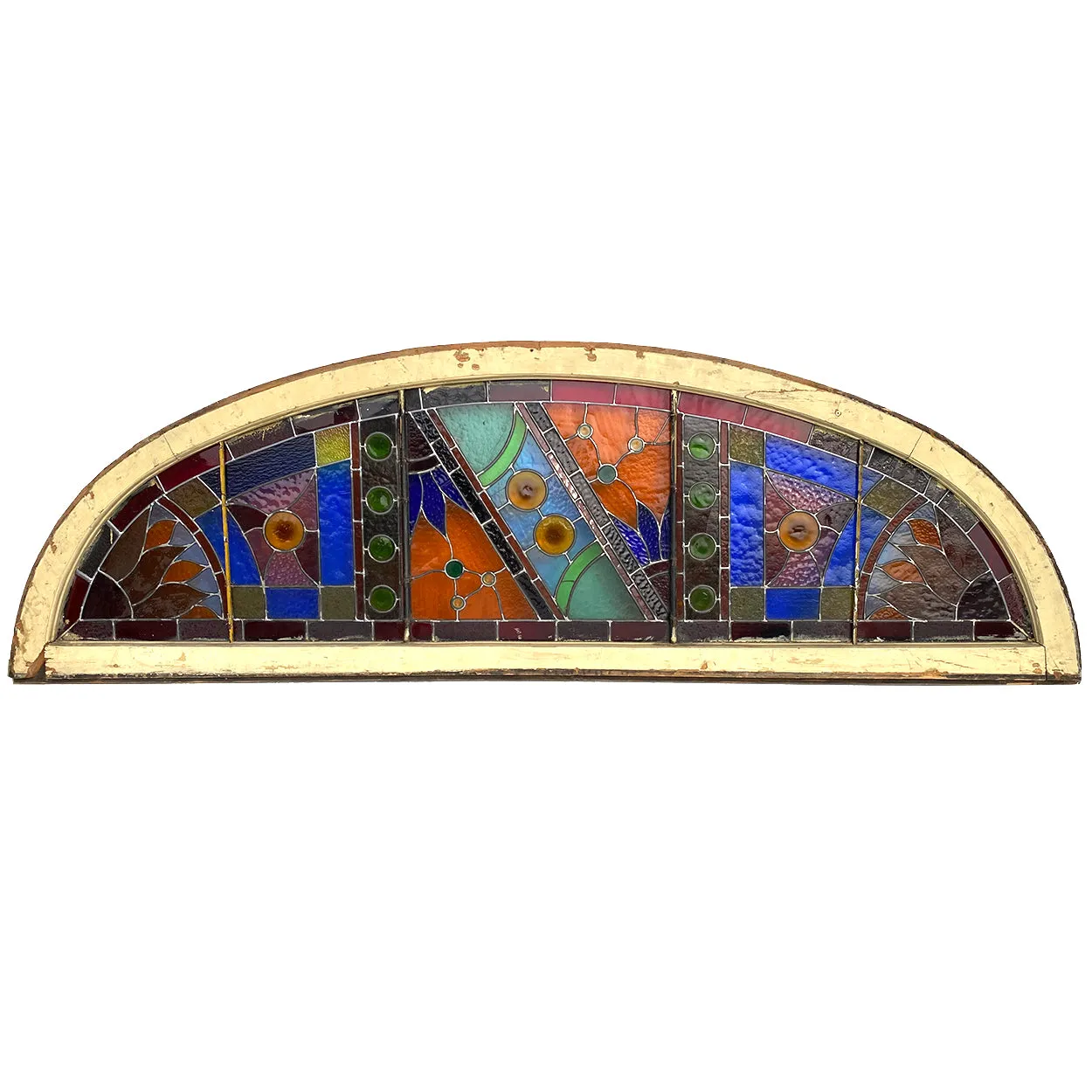 Large American Stained, Leaded and Jeweled Glass Arched Transom Window