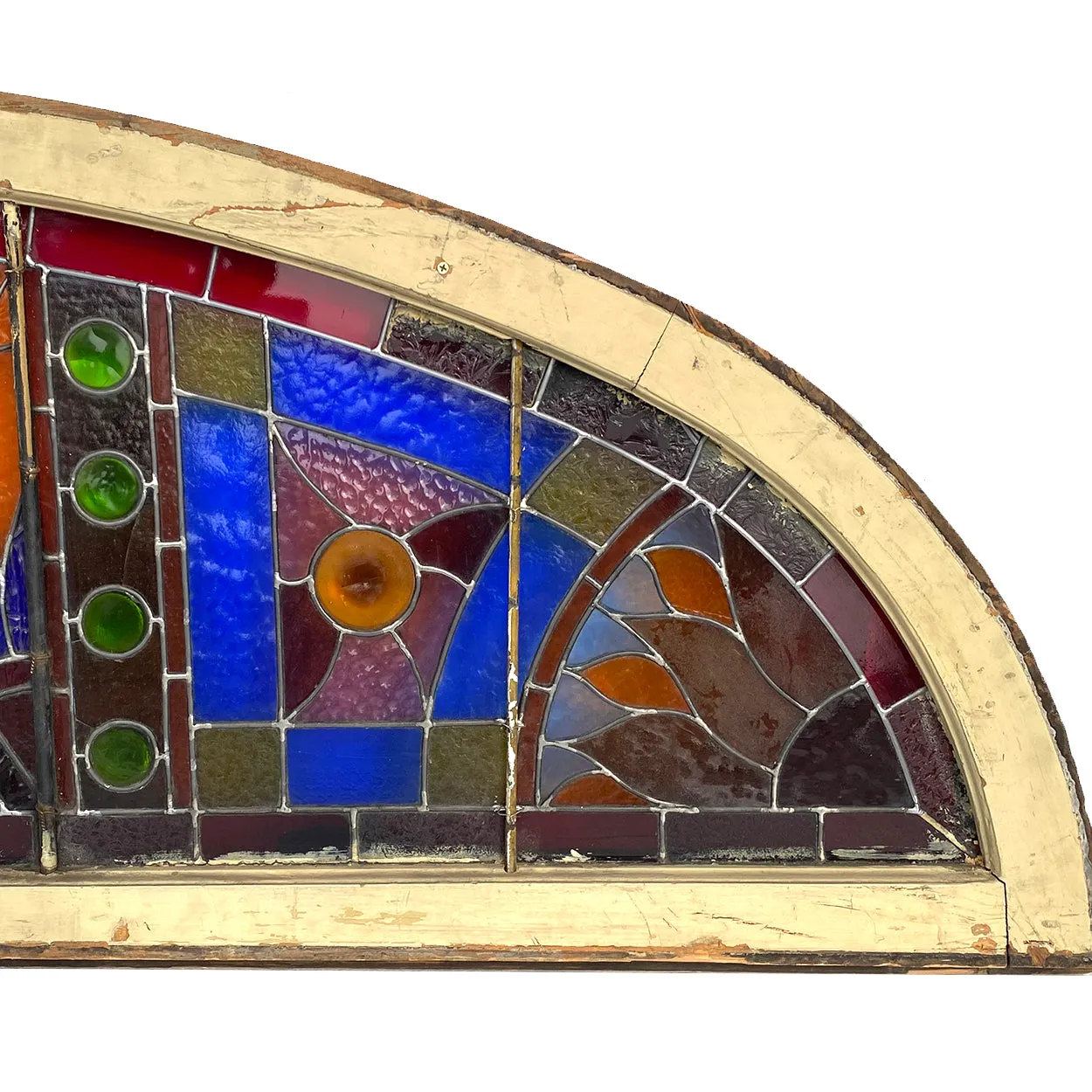 Large American Stained, Leaded and Jeweled Glass Arched Transom Window