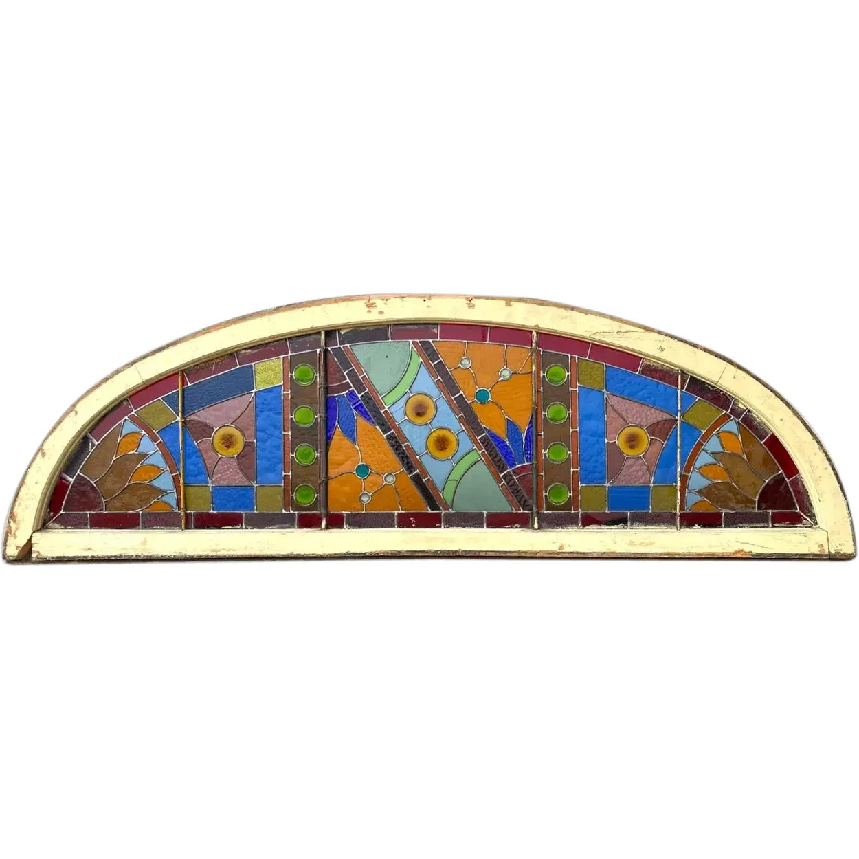 Large American Stained, Leaded and Jeweled Glass Arched Transom Window