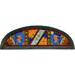 Large American Stained, Leaded and Jeweled Glass Arched Transom Window