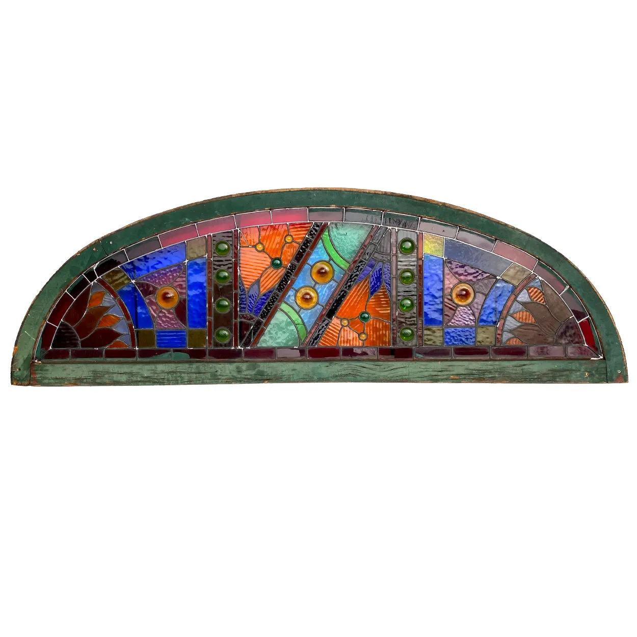 Large American Stained, Leaded and Jeweled Glass Arched Transom Window