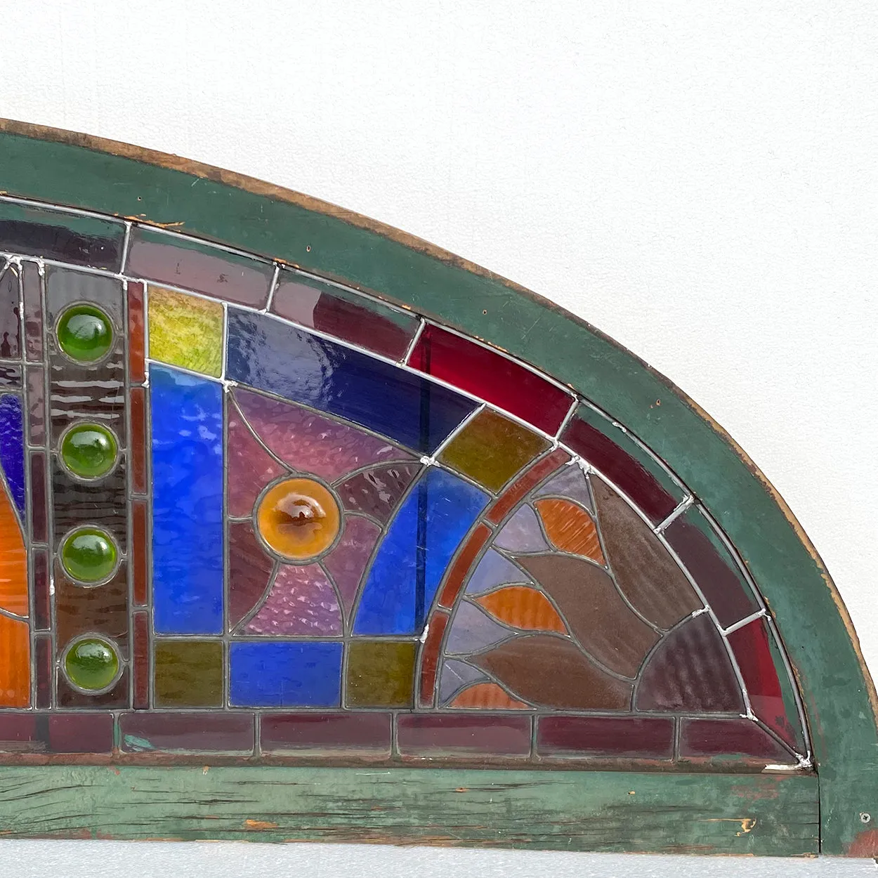 Large American Stained, Leaded and Jeweled Glass Arched Transom Window