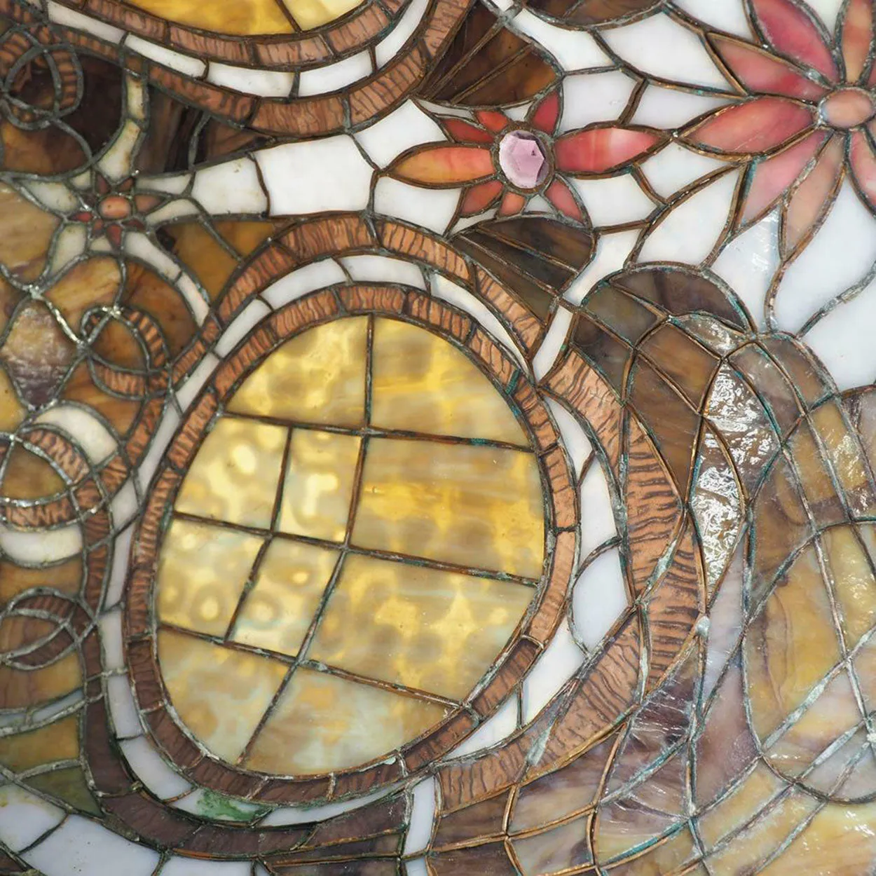 Large American Stained, Leaded Mosaic Glass One-Light Hanging Pendant Light