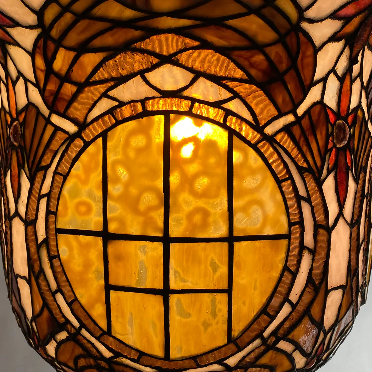 Large American Stained, Leaded Mosaic Glass One-Light Hanging Pendant Light