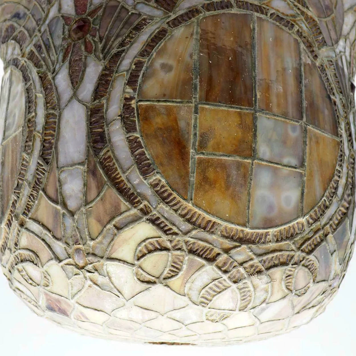 Large American Stained, Leaded Mosaic Glass One-Light Hanging Pendant Light