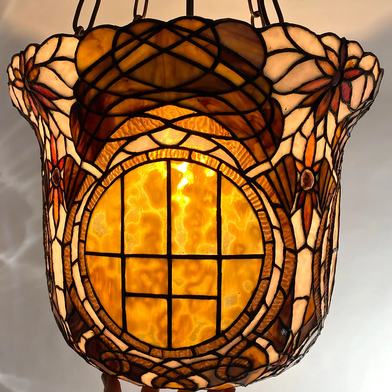 Large American Stained, Leaded Mosaic Glass One-Light Hanging Pendant Light