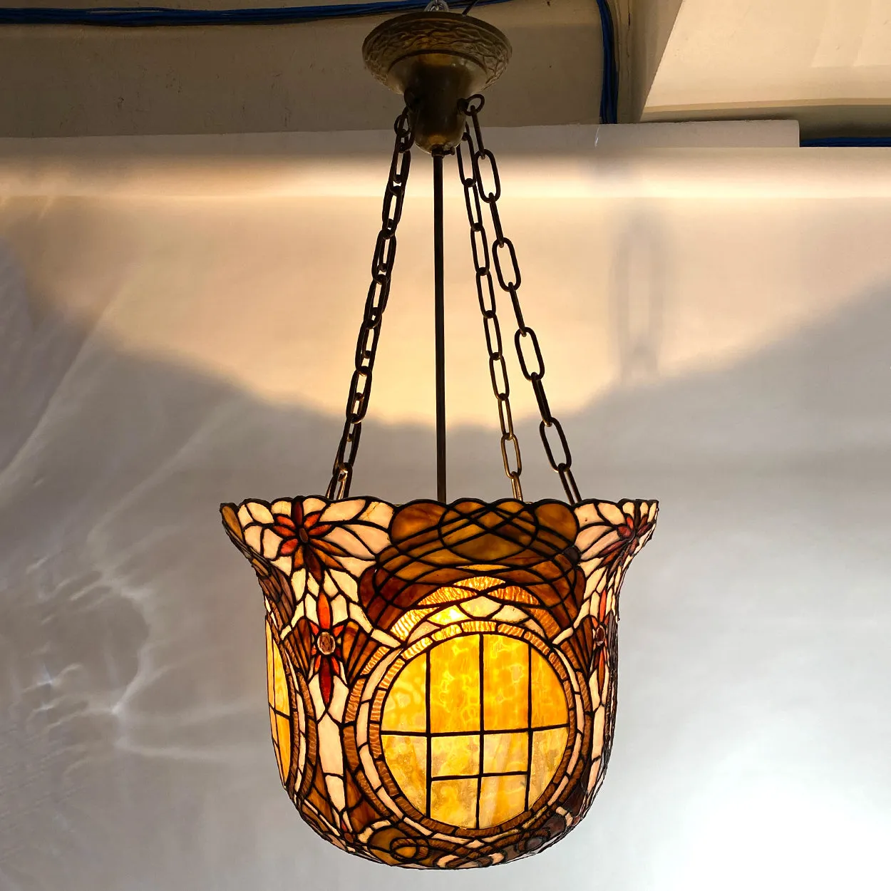 Large American Stained, Leaded Mosaic Glass One-Light Hanging Pendant Light