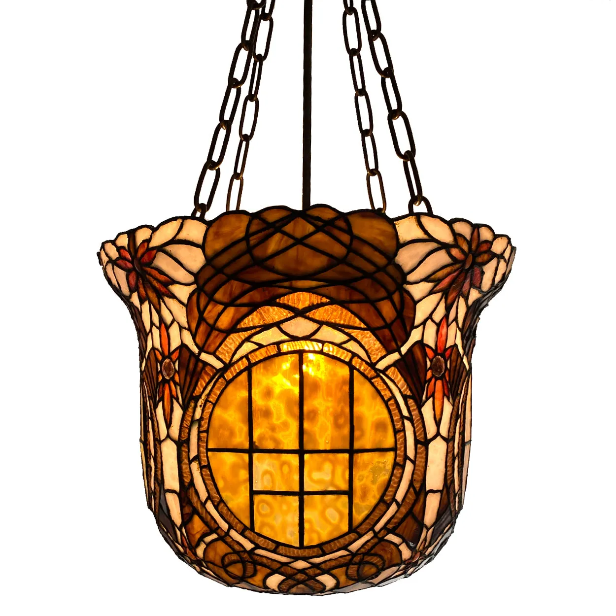 Large American Stained, Leaded Mosaic Glass One-Light Hanging Pendant Light